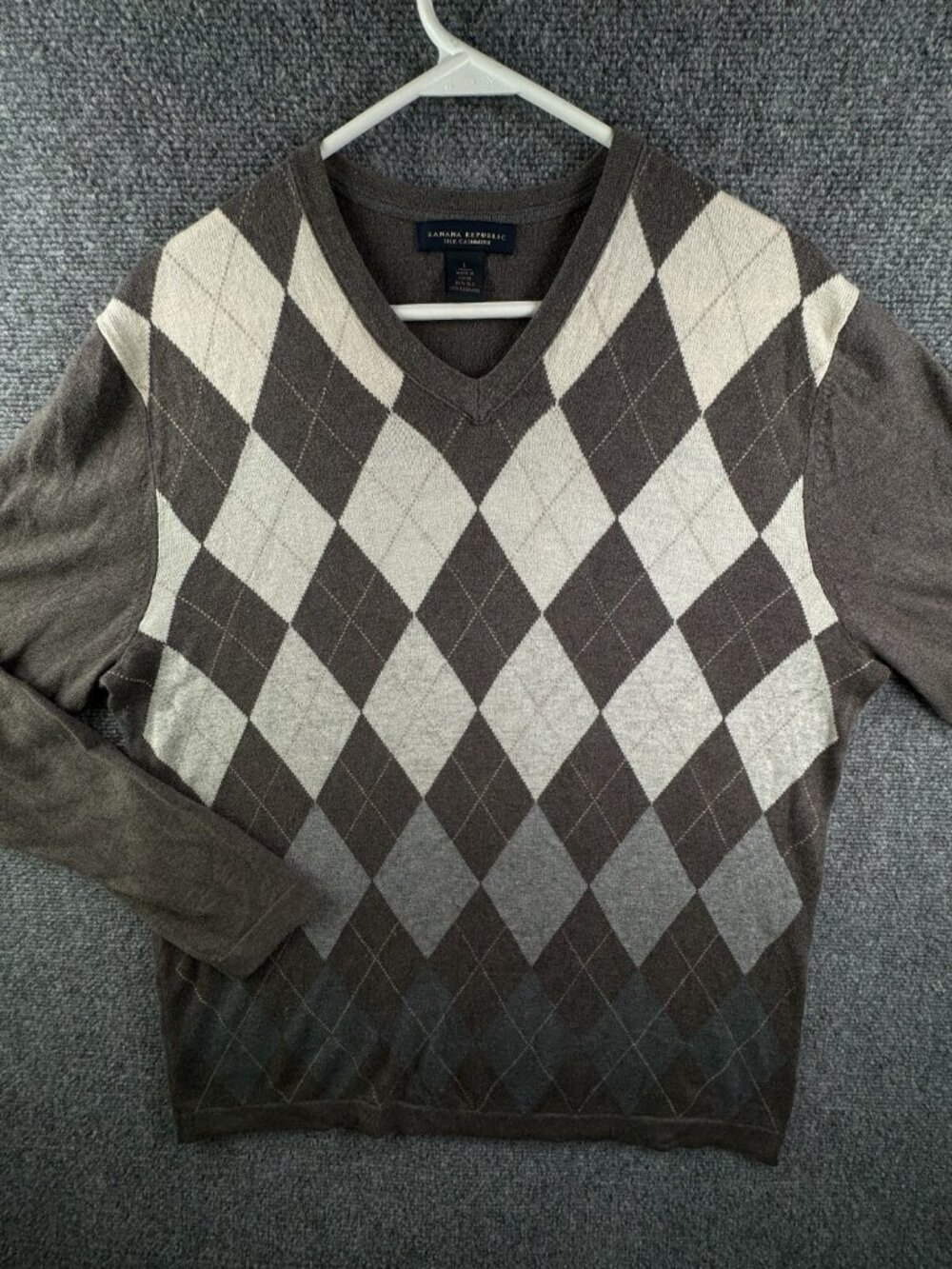 Banana Republic Men Silk Cashmere Sweater Large Diamond Print Gray Ivory Knit